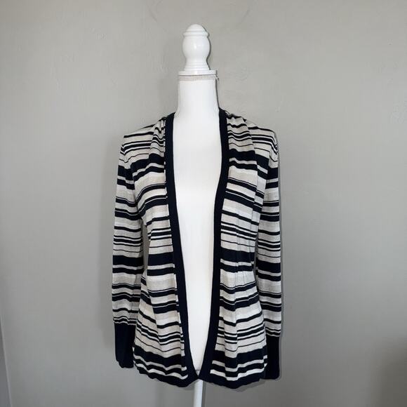 NWT Banana Republic Linen Cotton Blend Stripe Open Front Cardigan Sz M Tan Black - Picture 1 of 7